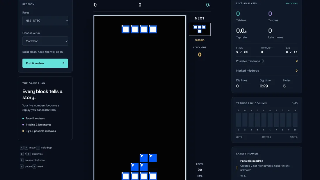 Stackscope — an NES Tetris run with live analysis counting holes and misdrops