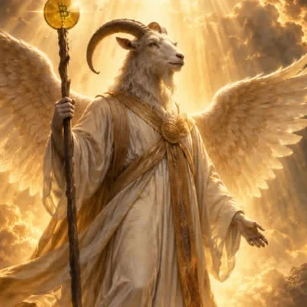 The Ugly Old Goat, drawn as a winged figure in robes holding a bitcoin staff