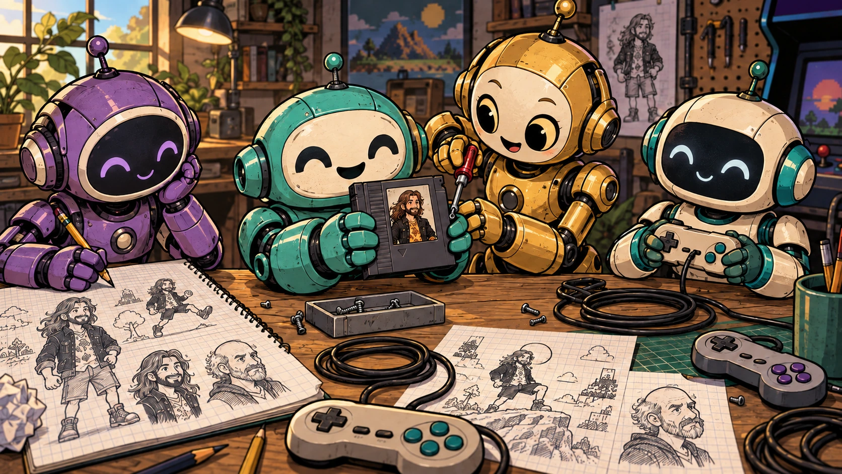 Illustrated robot mascots creating Joshvania together at a game development workbench