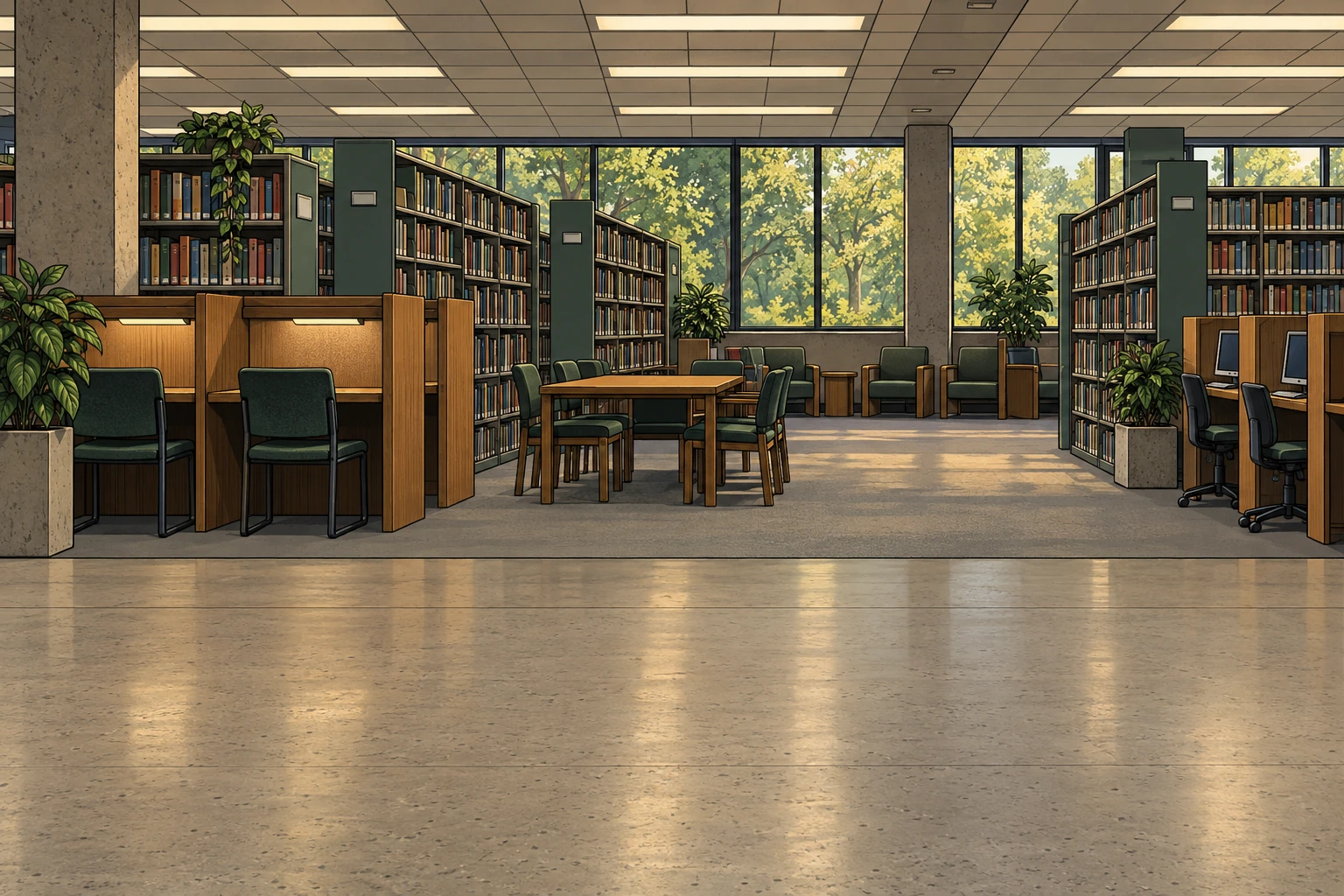 The game’s Sacramento university library, with stacks and reading spaces