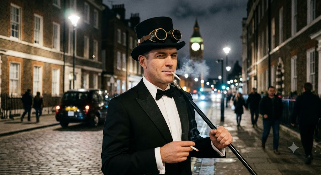 james bond in tuxcedo and top hat with fly goggles