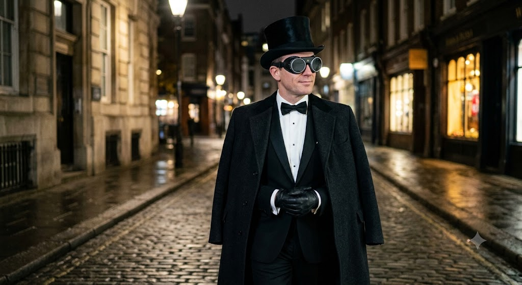 james bond with bug eyed goggles wearing a top hat