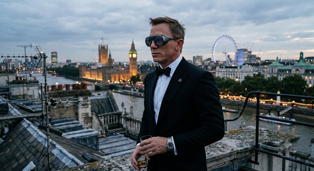 james bond in tuxcedo wearing fly goggles