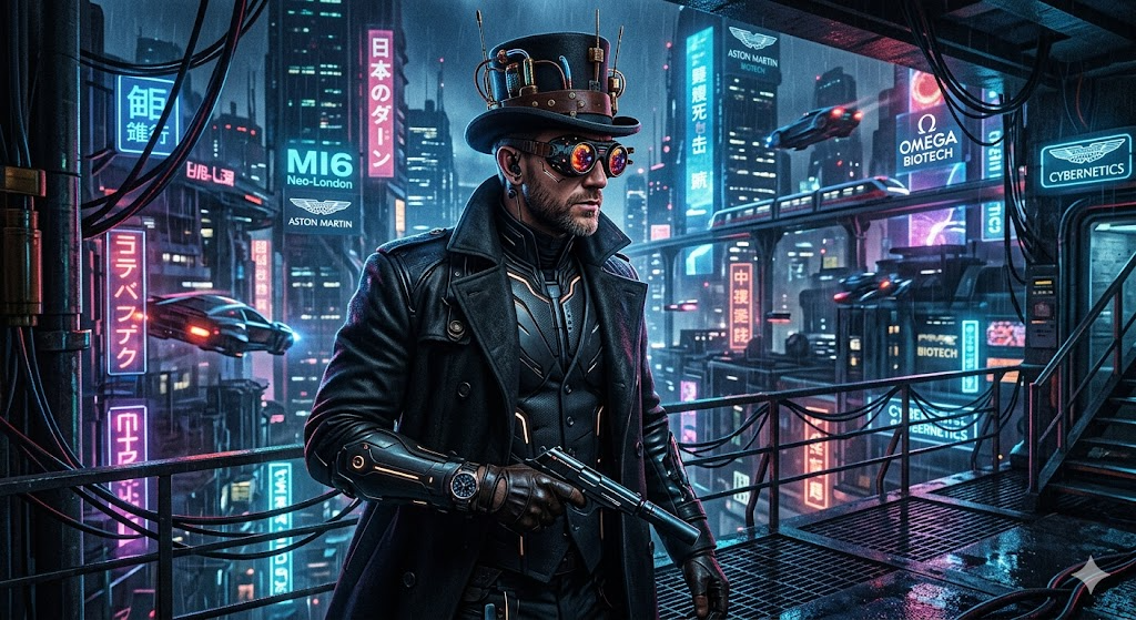james bond in a top hat with fly goggles in cyberp