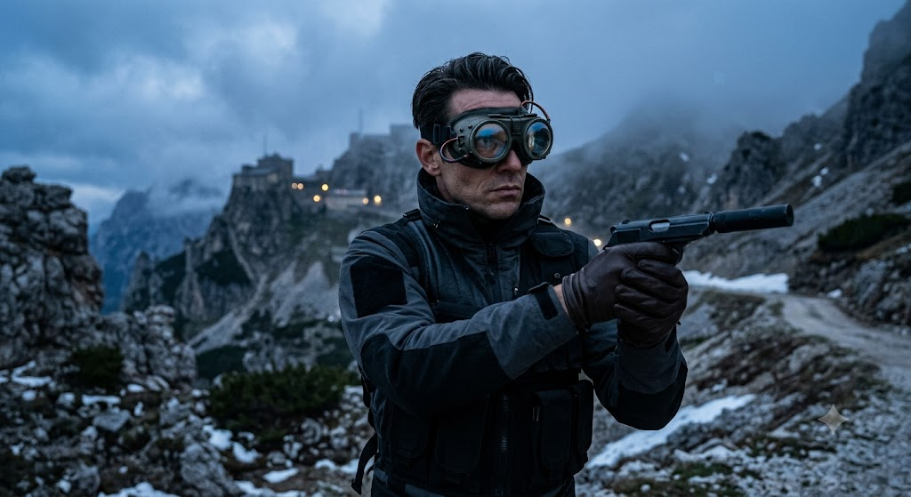 james bond with bug eyed goggles