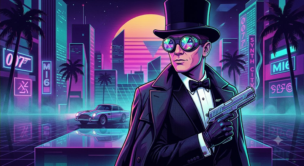 james bond in a top hat with fly goggles in synthw