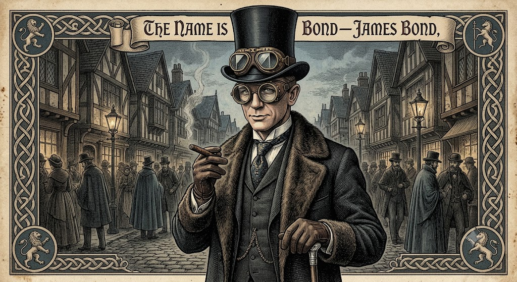 james bond in a top hat with fly goggles in old en