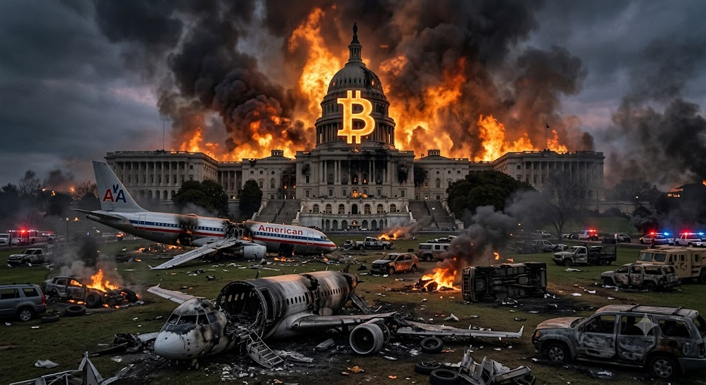 capitol building with huge bitcoin logo fire behin