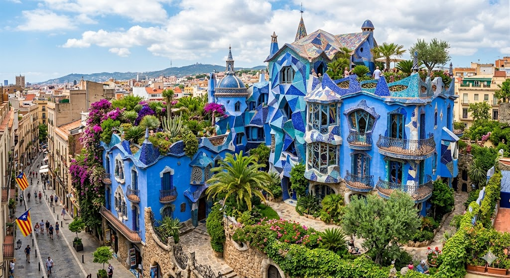 blue buildings with gardens in gaudi cubism