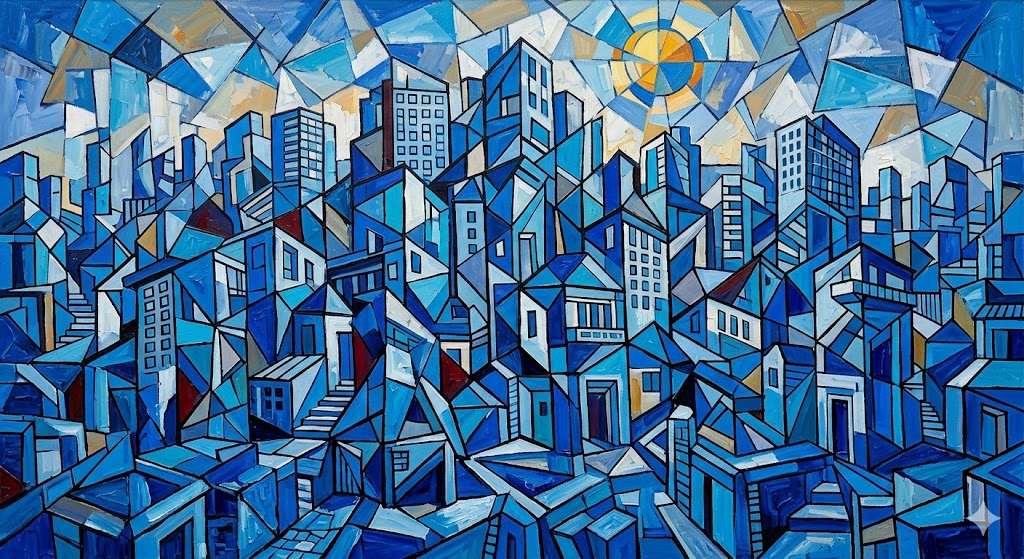blue buildings cubism