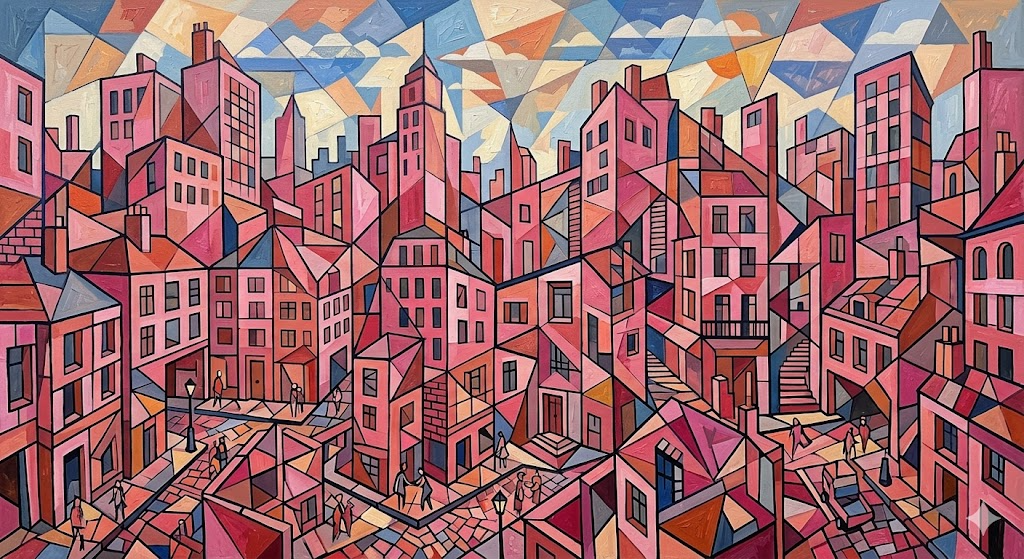 pink buildings cubism