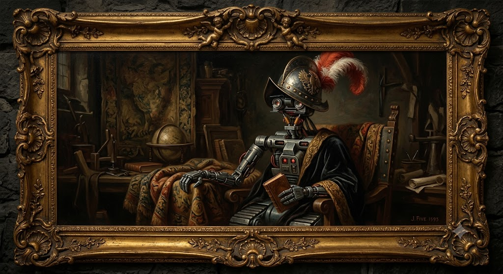 johnny five robot wearing a german helmet renaissa