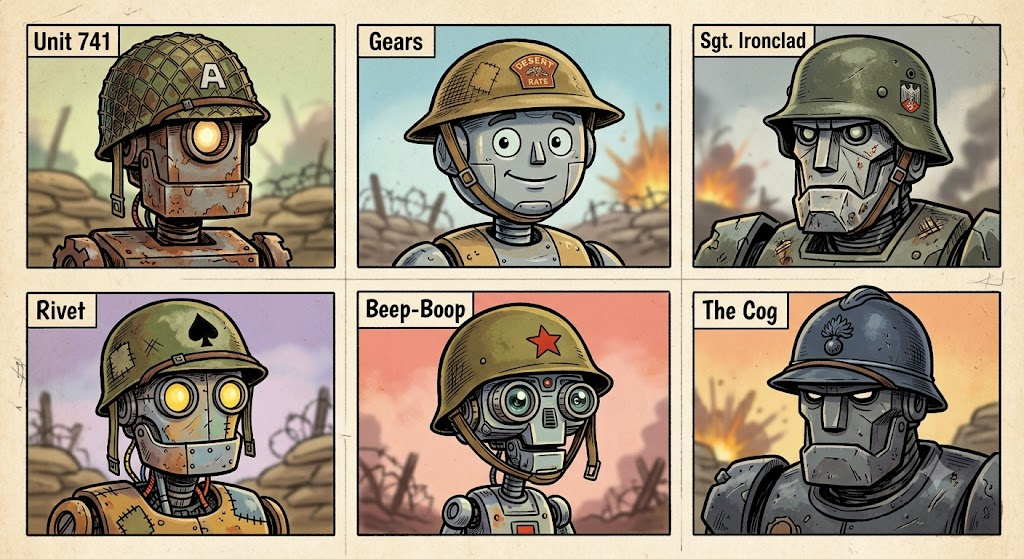 cartoon portraits of robots wearing world war two
