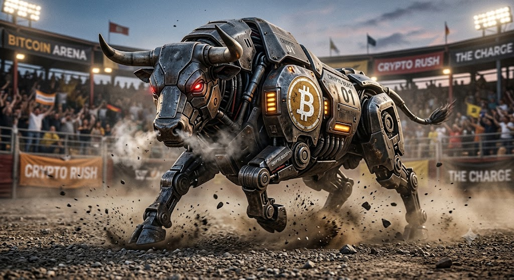 large mechanical robotic bull with a bitcoin logo