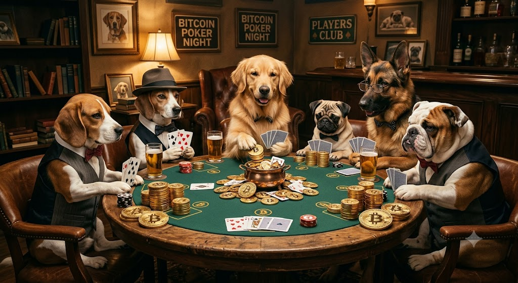 dogs playing poker with bitcoin
