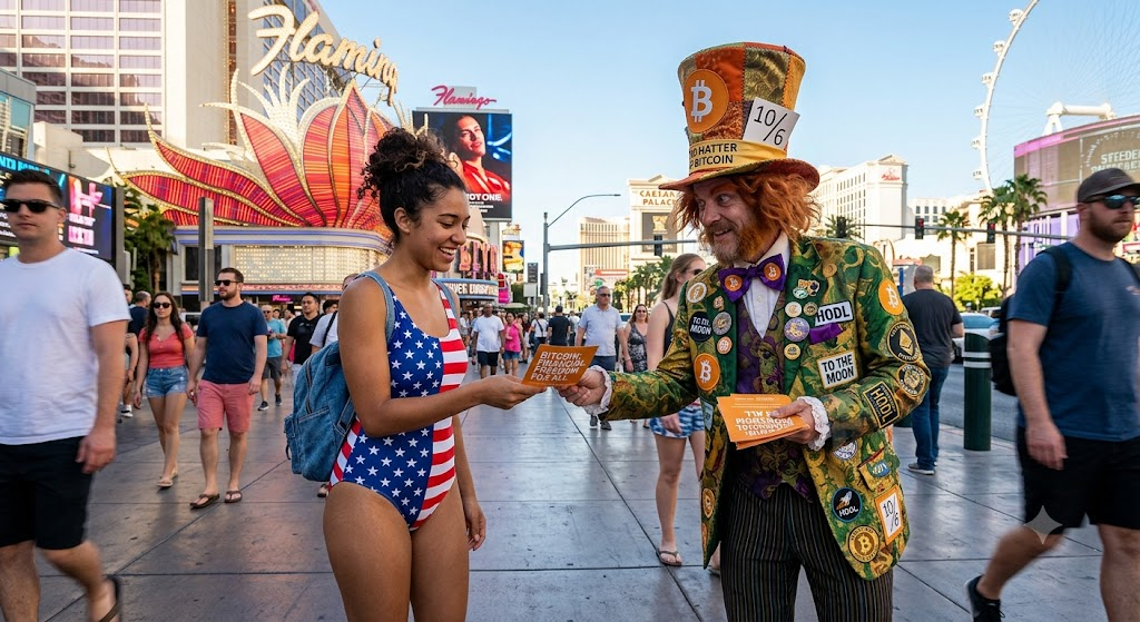 mad hatter of bitcoin giving a flyer to a girl wea