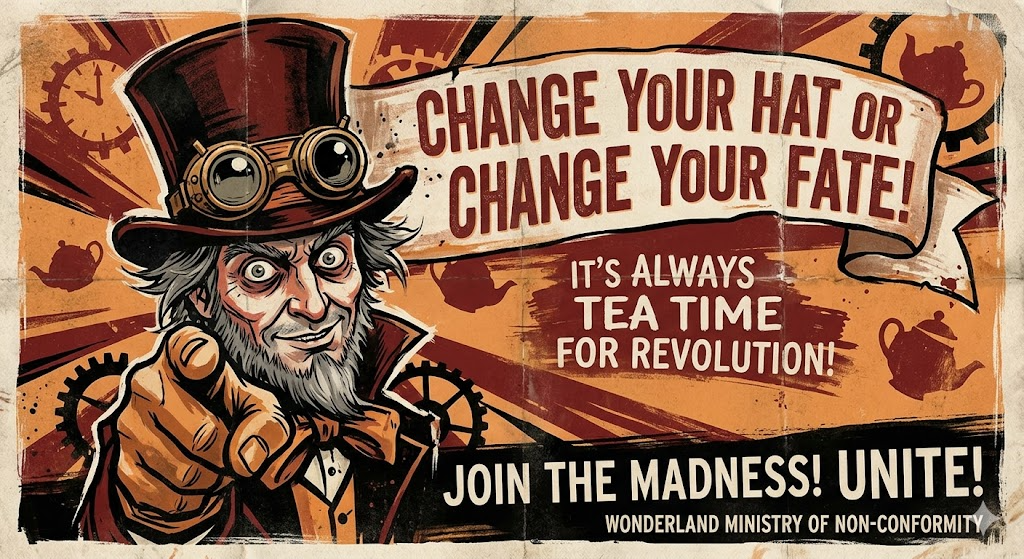 mad hatter with fly goggles in propaganda poster s