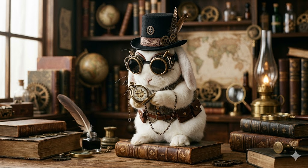 white rabbit with pocketwatch wearing fly goggles