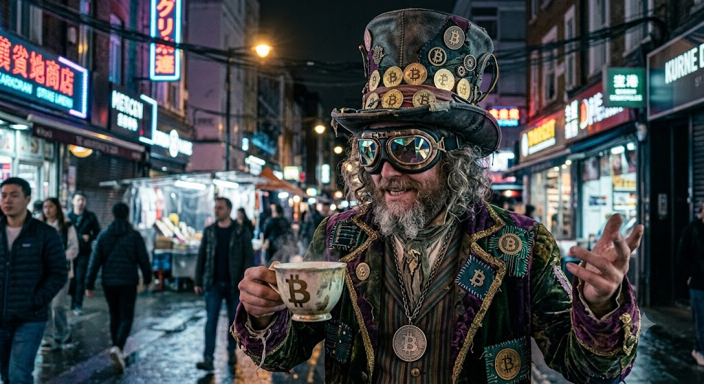 the mad hatter of bitcoins wearing fly goggles