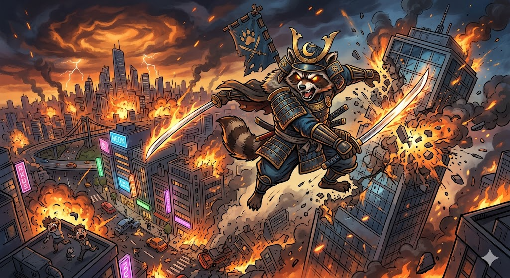 cartoon racoon samurai