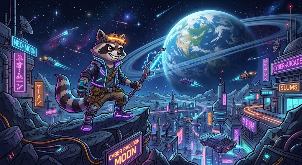 cyberpunk cartoon racoon moon