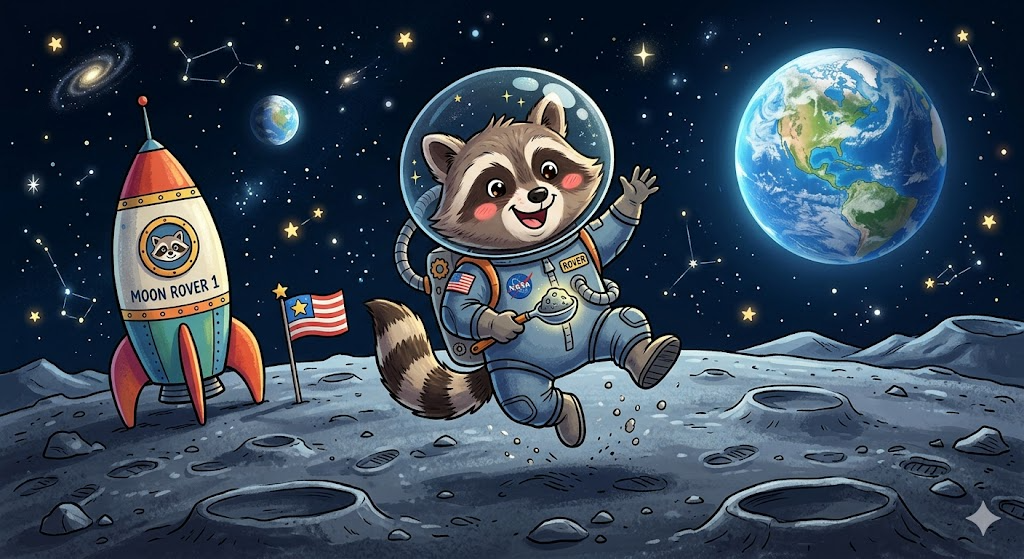 cartoon racoon on the moon