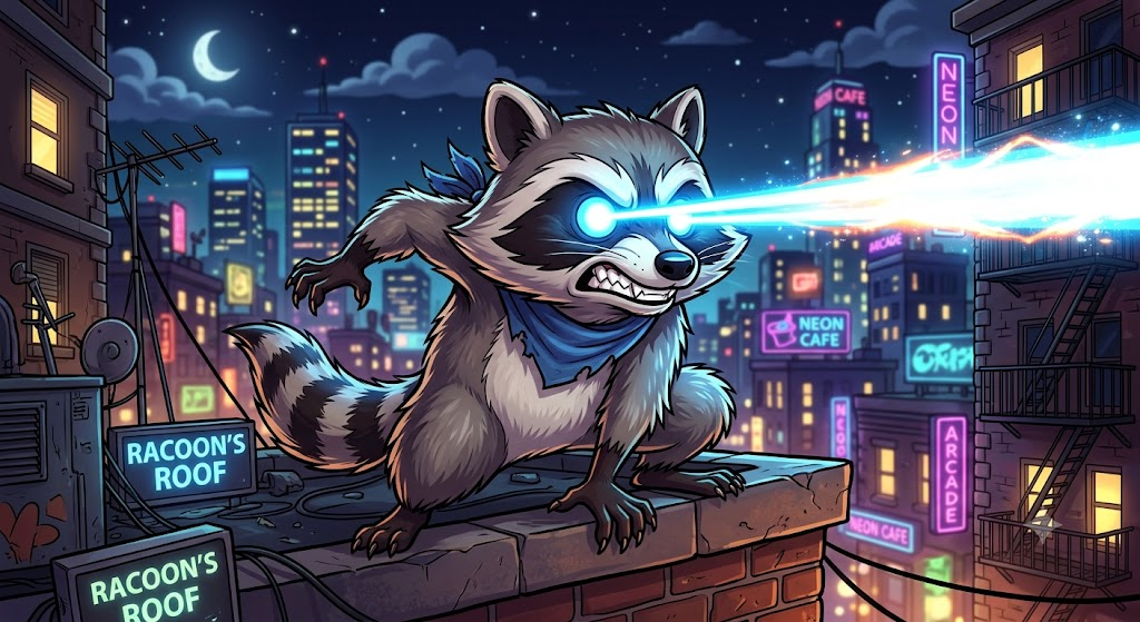 a racoon cartoon with laser eyes