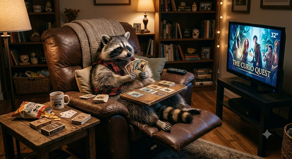 fat raccoon sitting in. recliner watching tv and p