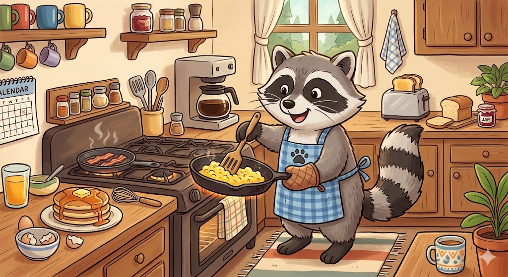 cartoon racoon making breakfast