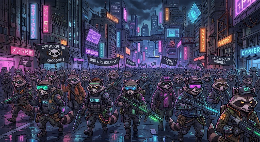 army of cypherpunk cartoon racoons