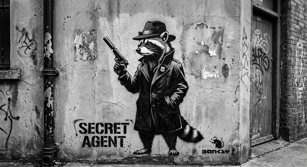 black and white wall stencil graffitti of a raccoo