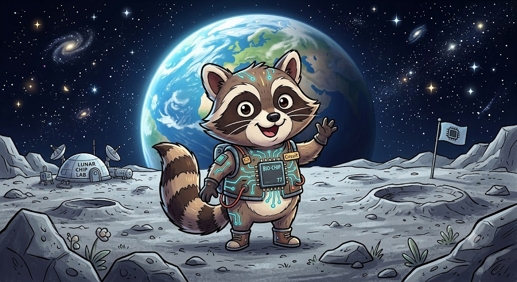 micropchip cartoon racoon moon