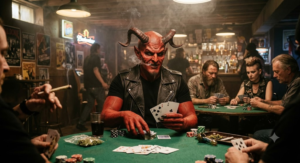 satan smoking weed playing cards