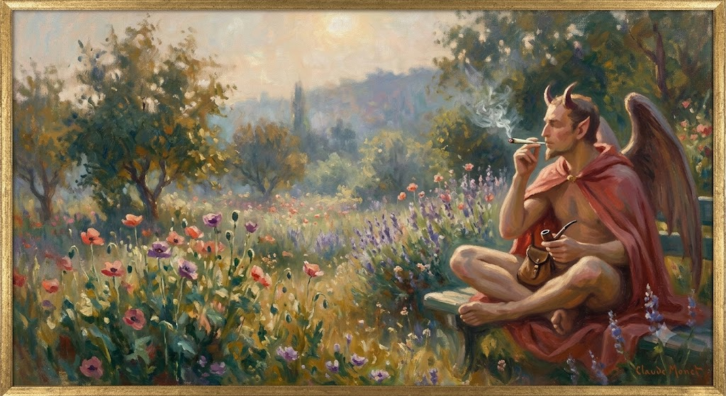 satan smoking weed in the style of monet