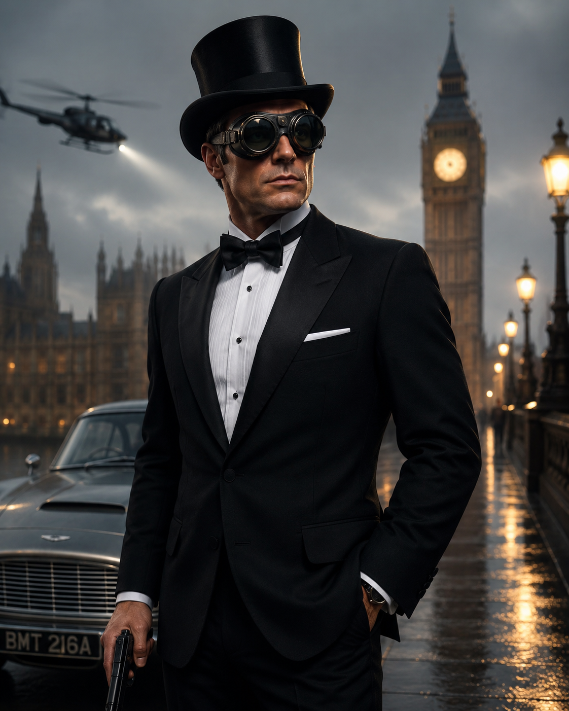 james bond in tuxcedo and top hat with fly goggles