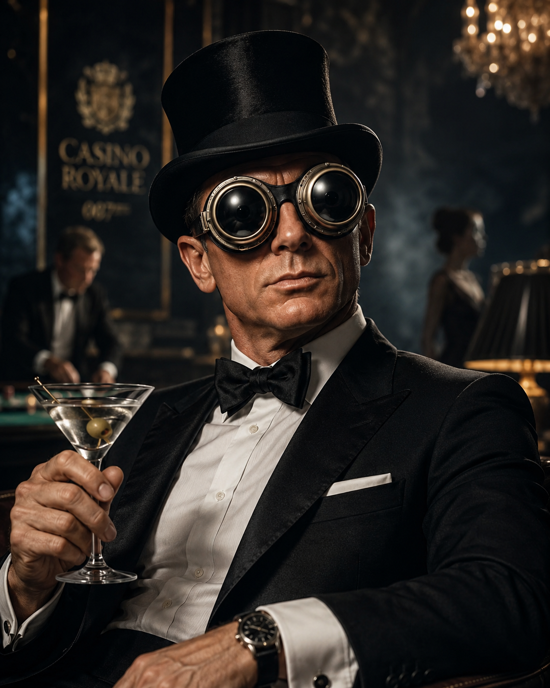 james bond with bug eyed goggles wearing a top hat