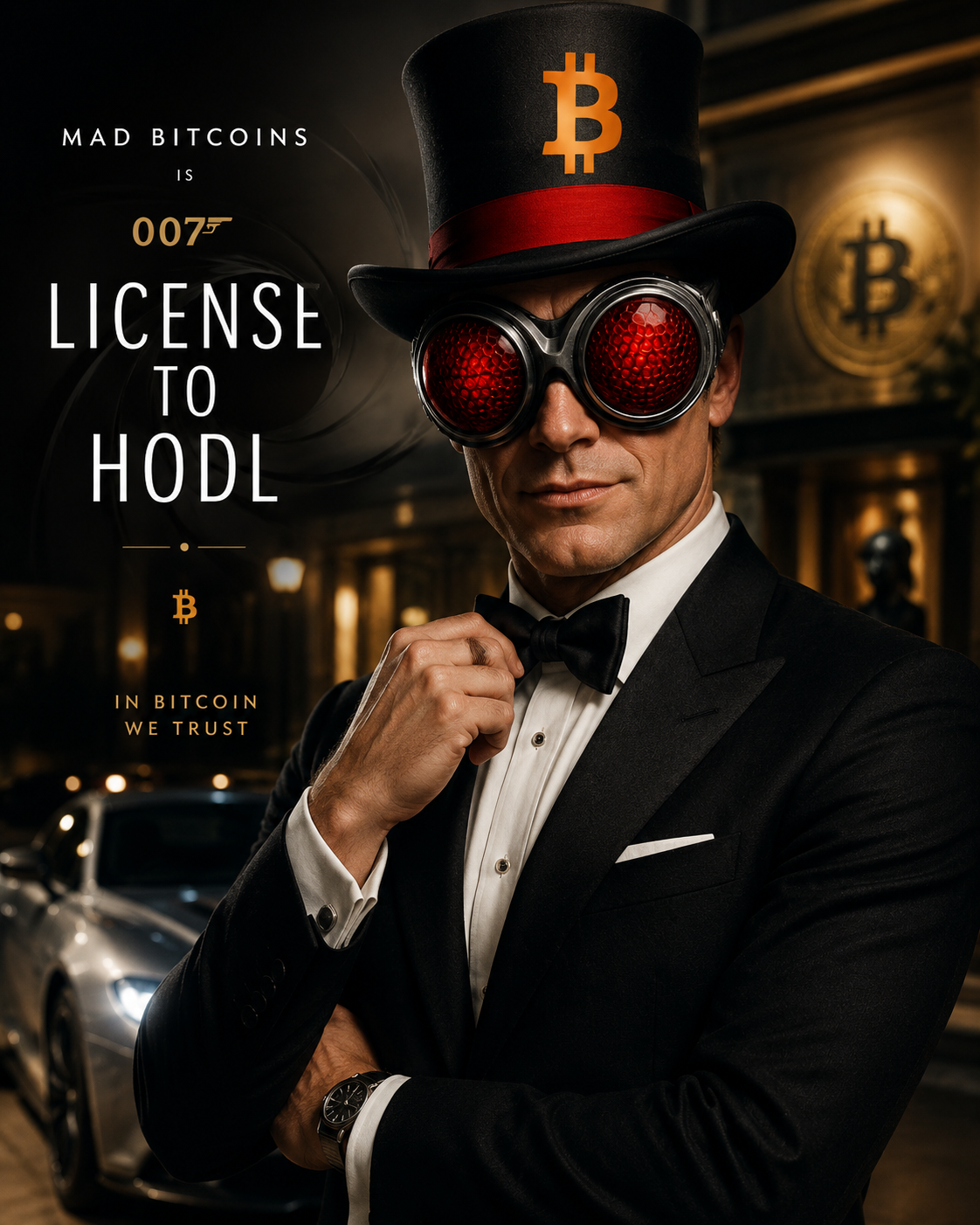 madbitcoins as james bond with top hat and fly gog
