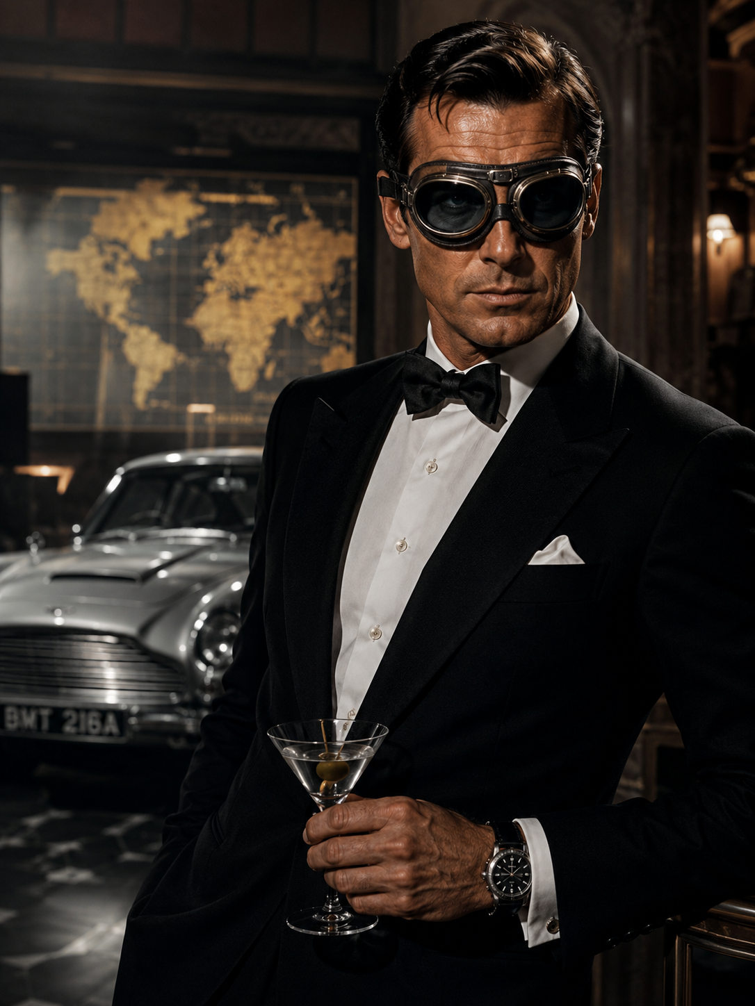 james bond in tuxcedo wearing fly goggles