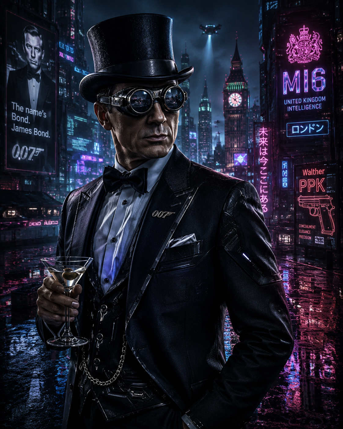 james bond in a top hat with fly goggles in cyberp
