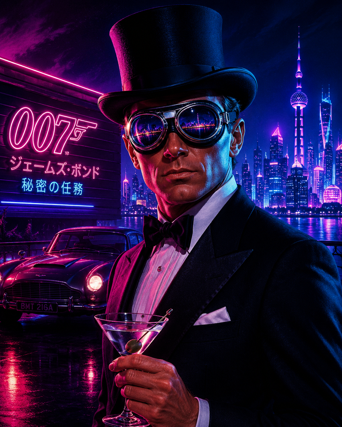 james bond in a top hat with fly goggles in synthw