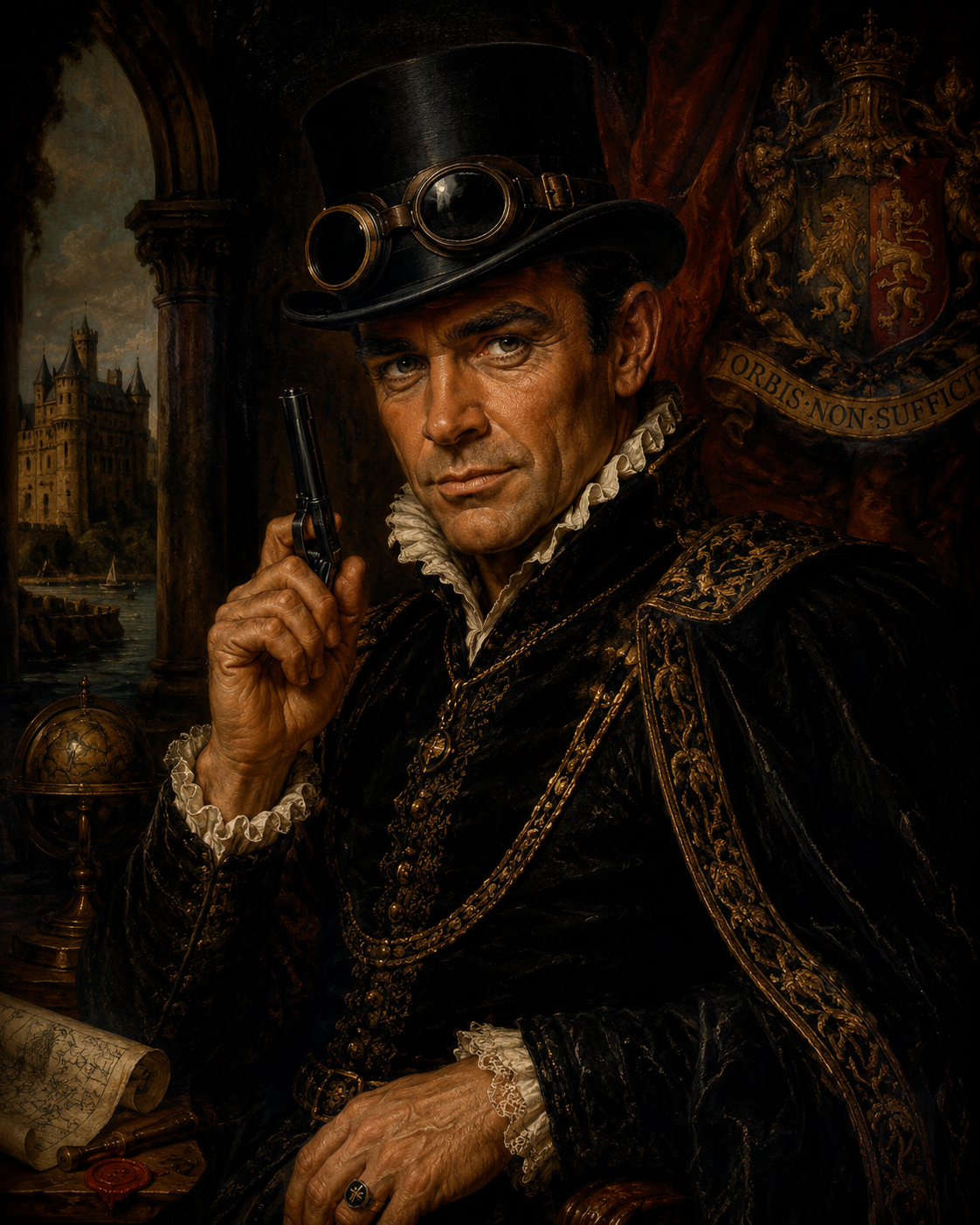 james bond in a top hat with fly goggles in renais