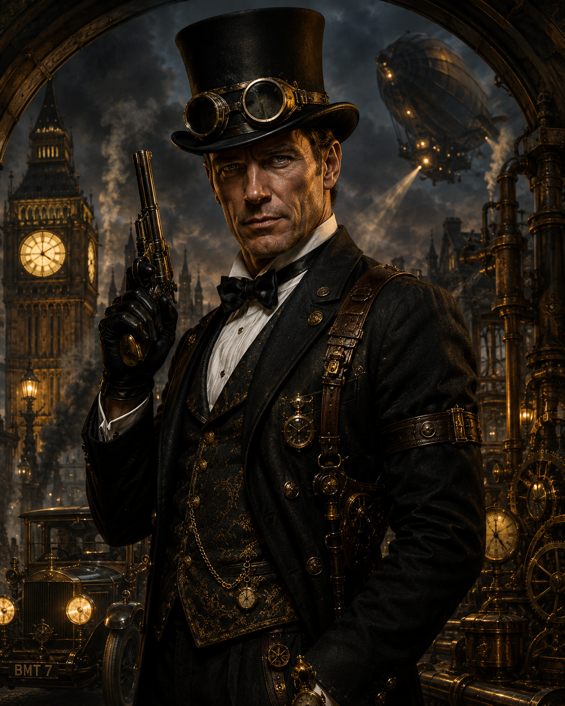 james bond wearing top hat and fly goggles in stea