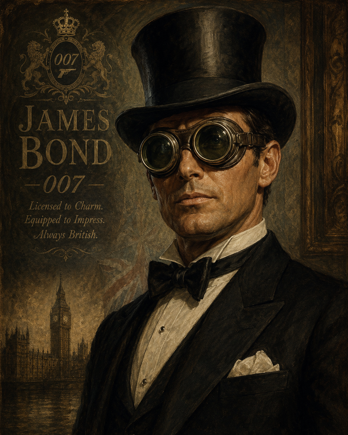 james bond in a top hat with fly goggles in old en