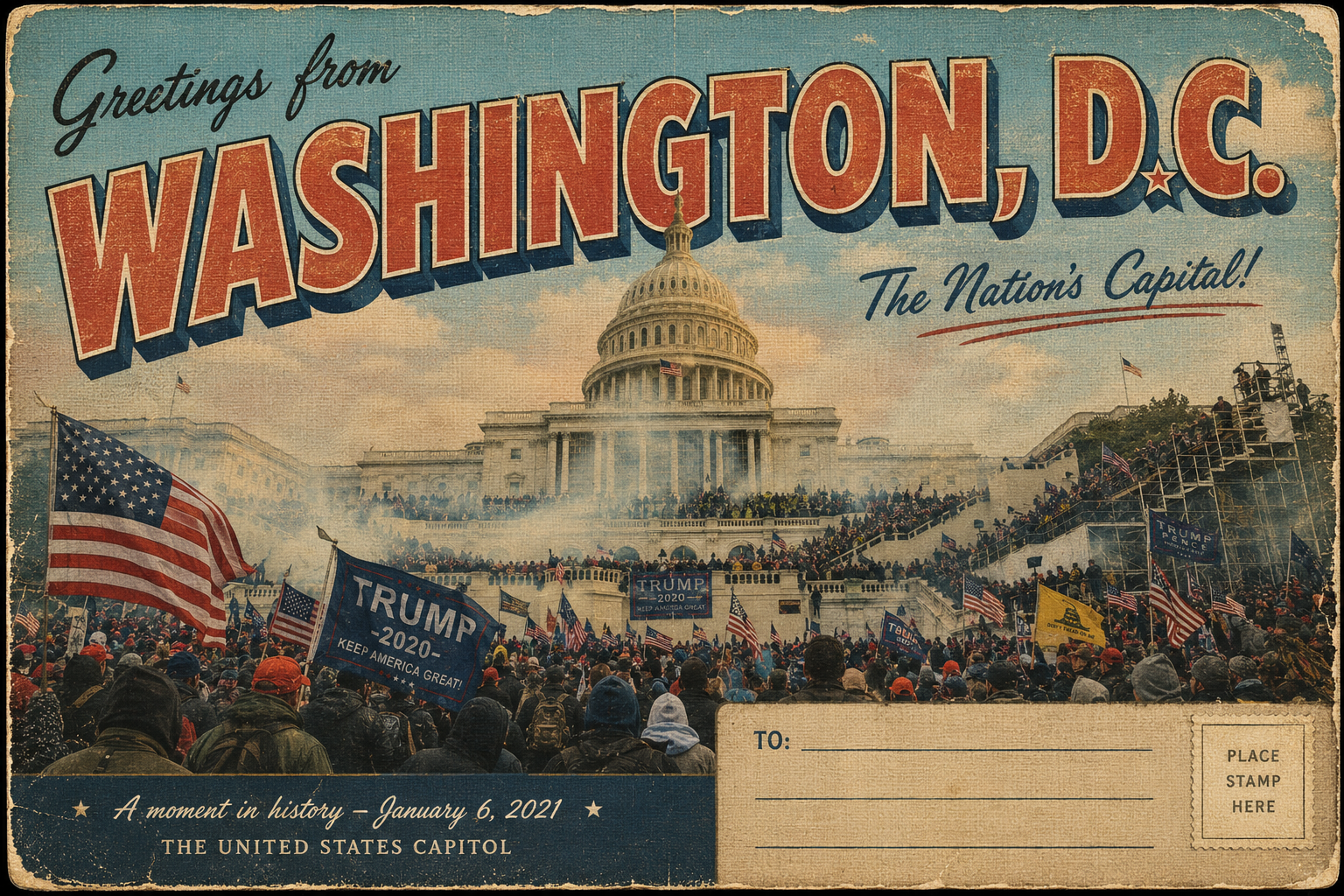 us capitol riot as an old fashioned american postc