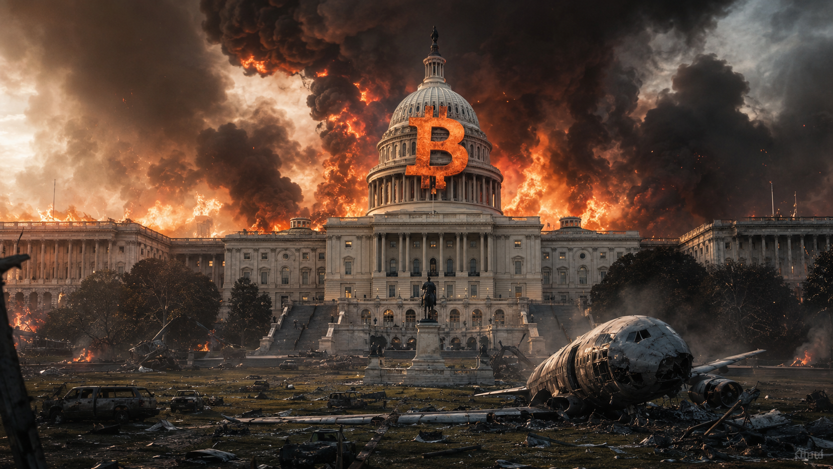 capitol building with huge bitcoin logo fire behin