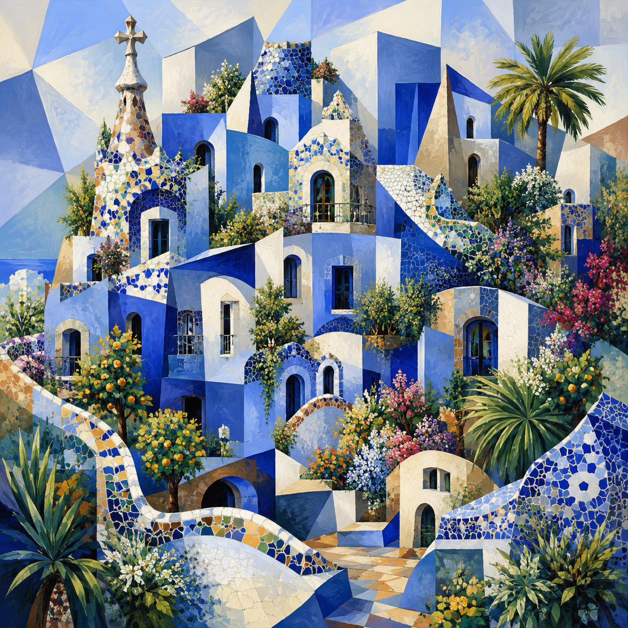 blue buildings with gardens in gaudi cubism