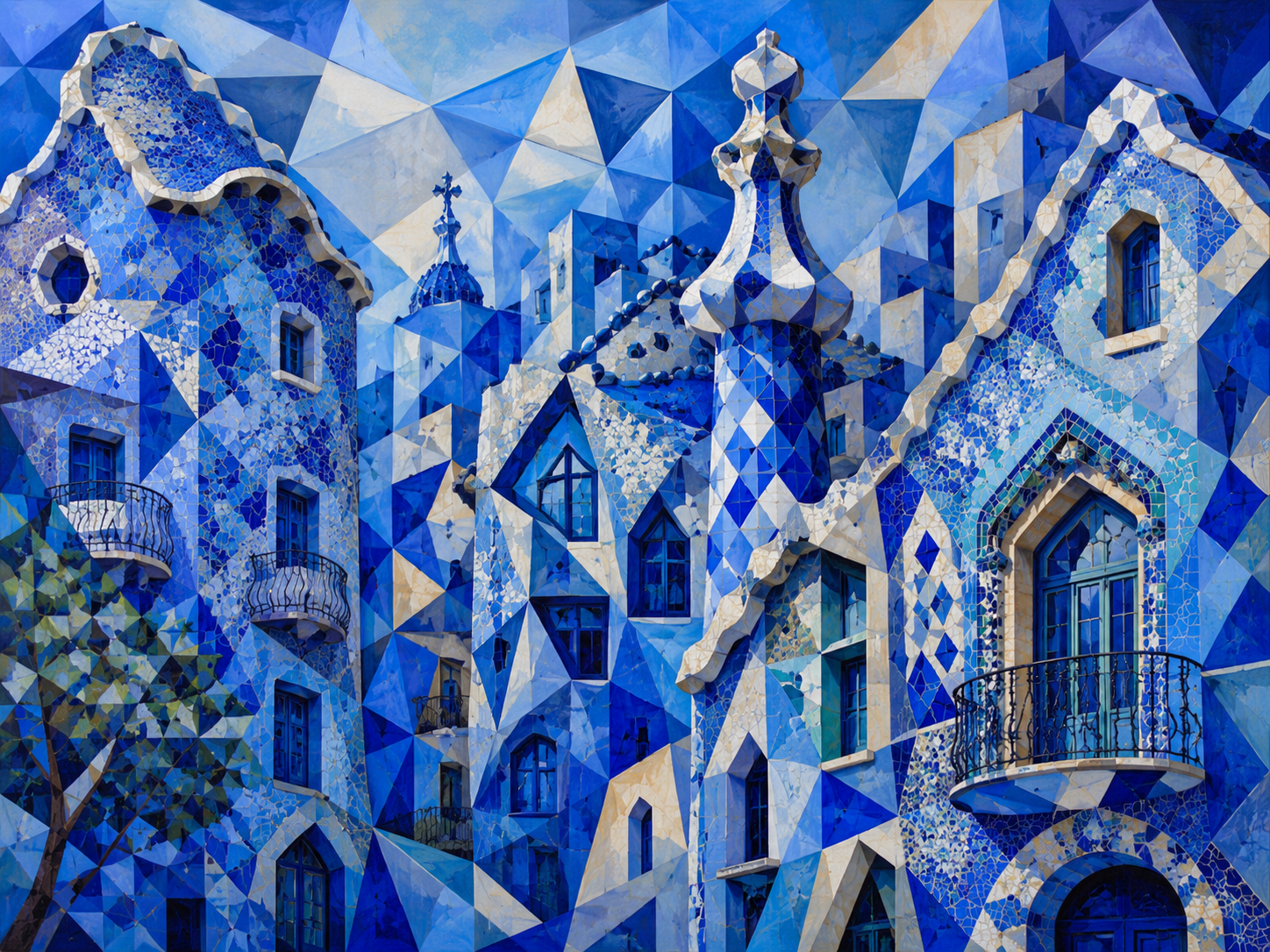 blue buildings gaudi style and cubism