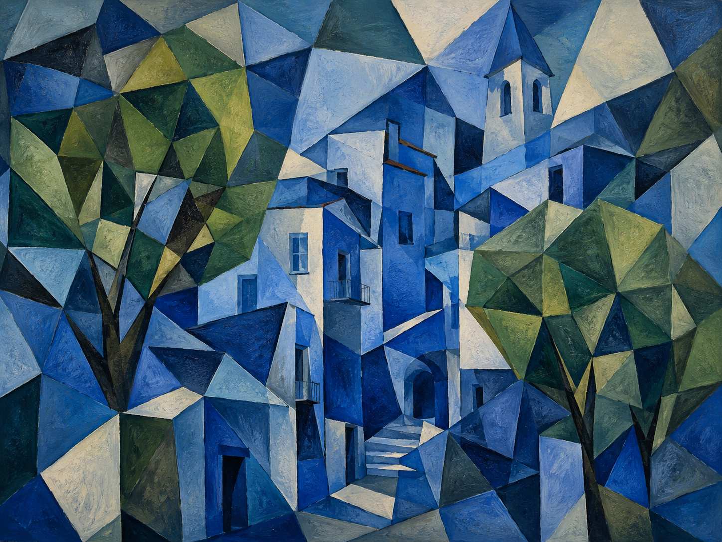 blue buildings cubism with trees