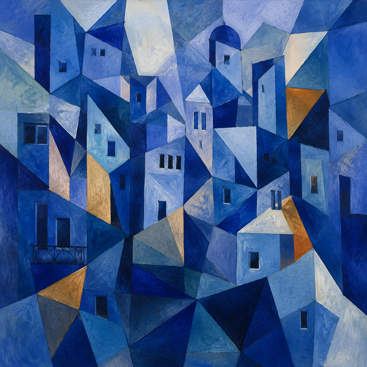 blue buildings cubism