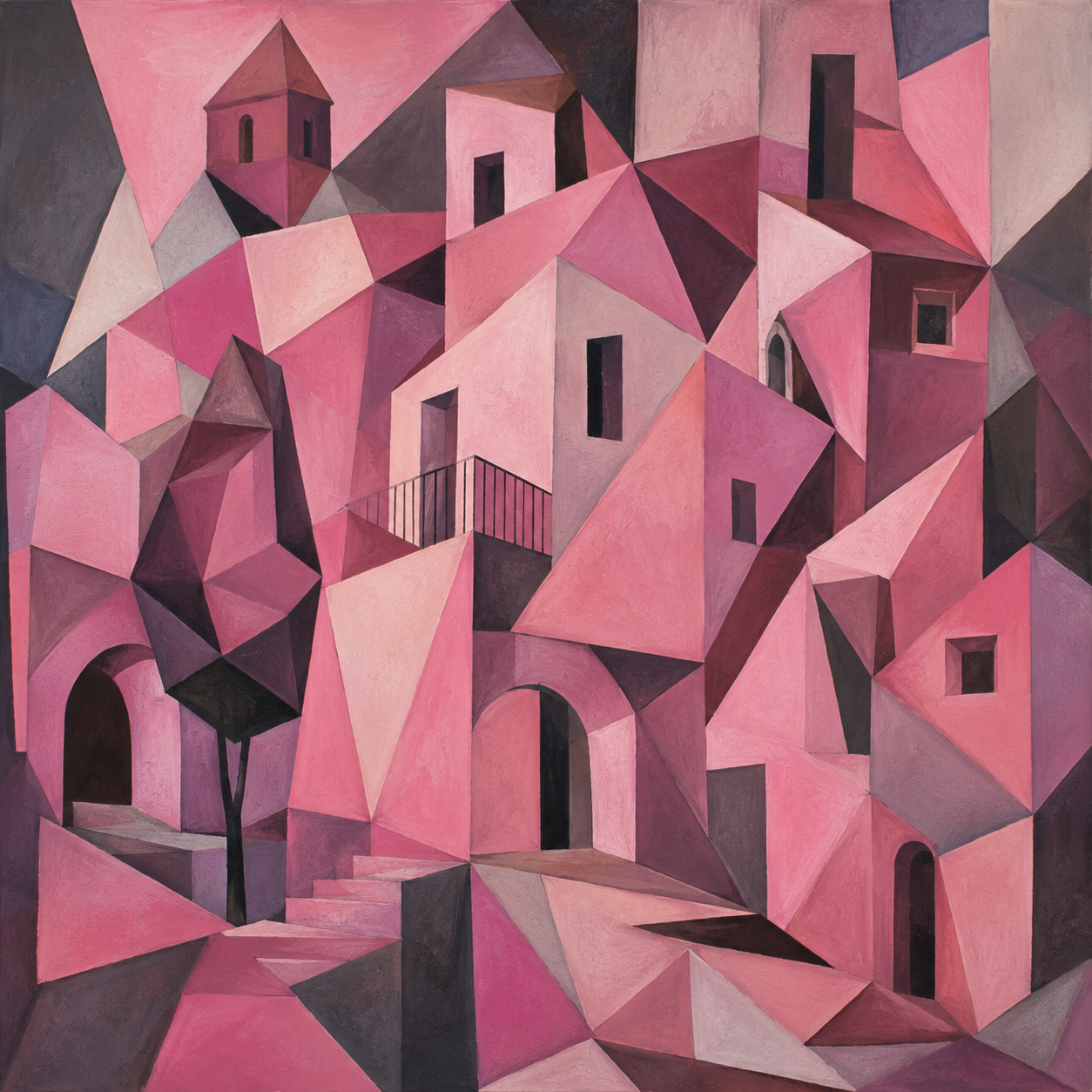 pink buildings cubism